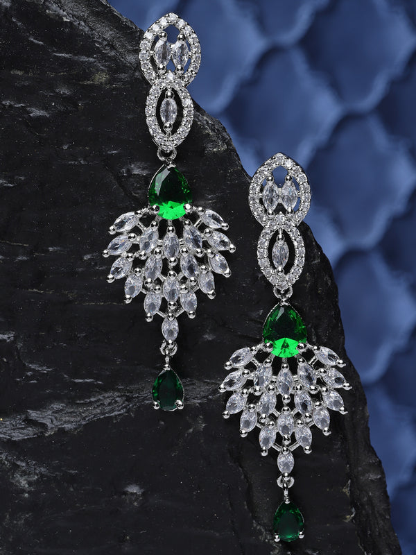 Rhodium-Plated Green American Diamond studded Handcrafted Spiked Drop Earrings