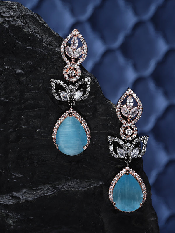 Rose Gold-Plated Gunmetal Toned Sky Blue American Diamond studded Teardrop & Leaf Shaped Drop Earrings