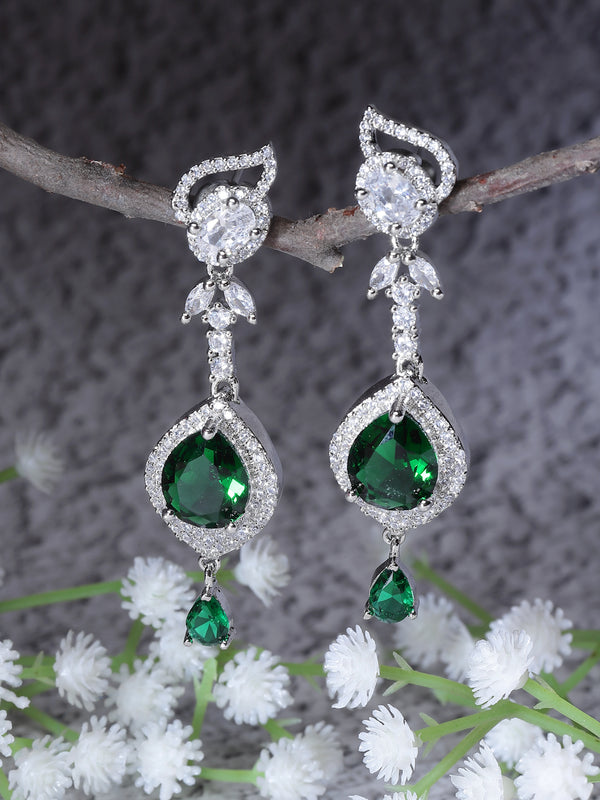 Rhodium-Plated Green & White American Diamond studded Handcrafted Teardrop Drop Earrings