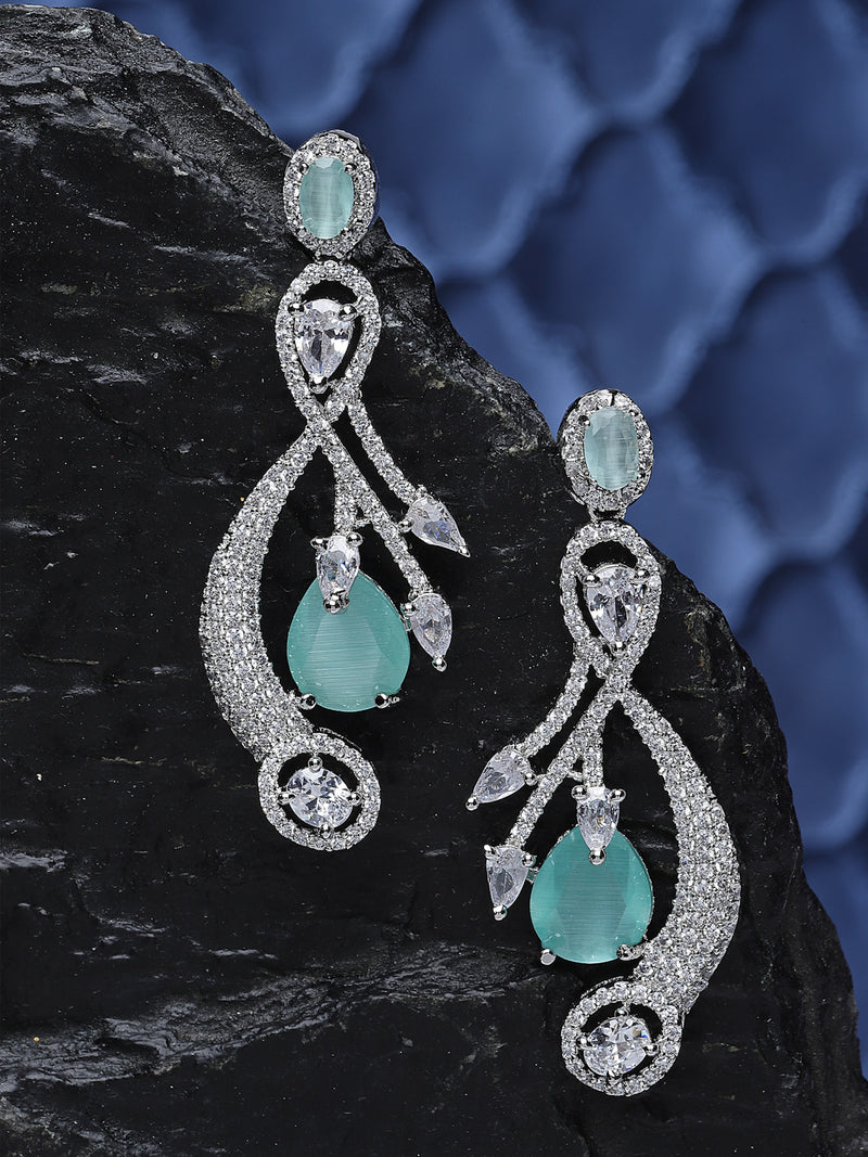 Rhodium-Plated Sea Green American Diamond studded Quirky Shaped Drop Earrings