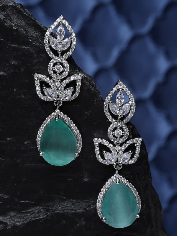 Rhodium-Plated Sky Blue American Diamond studded Teardrop & Leaf Shaped Drop Earrings