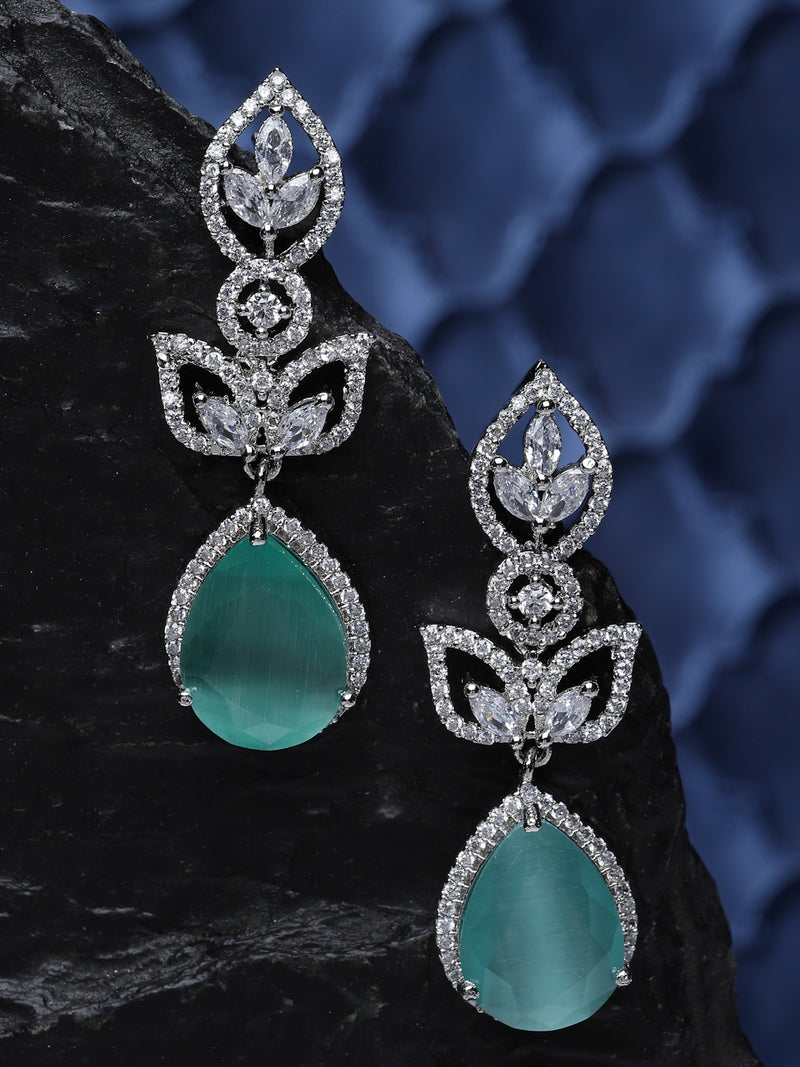 Rhodium-Plated Blue American Diamond studded Teardrop & Leaf Shaped Drop Earrings