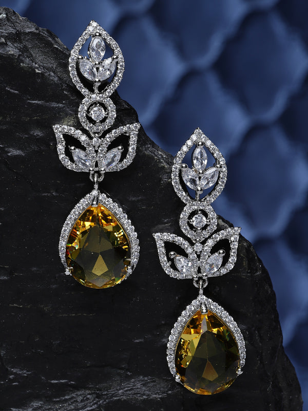 Rhodium-Plated Yellow American Diamond studded Teardrop & Leaf Shaped Drop Earrings