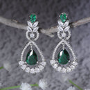 Rhodium Plated Teardrop & Leaf Green American Diamond Contemporary Long Drop Earrings