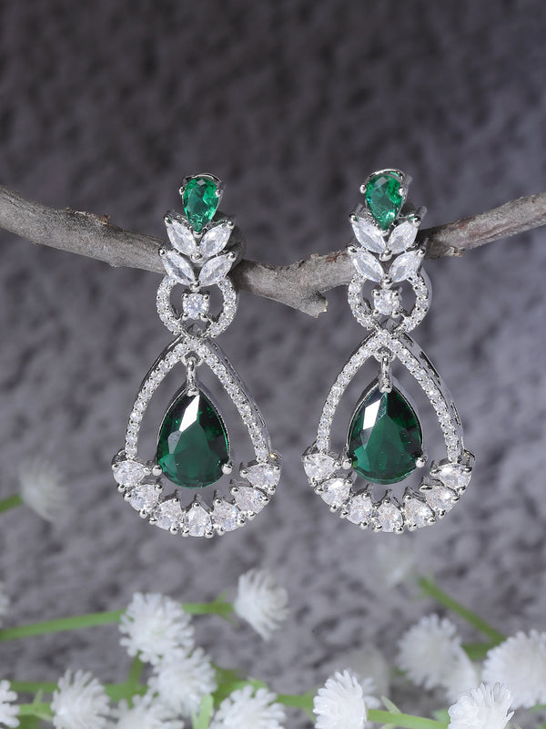 Rhodium-Plated Green American Diamond studded Teardrop & Leaf Shaped Drop Earrings