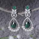 Rhodium-Plated Green American Diamond studded Teardrop & Leaf Shaped Drop Earrings