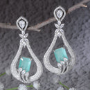 Rhodium-Plated Sea Green American Diamond studded Handcrafted Quirky Shaped Drop Earrings