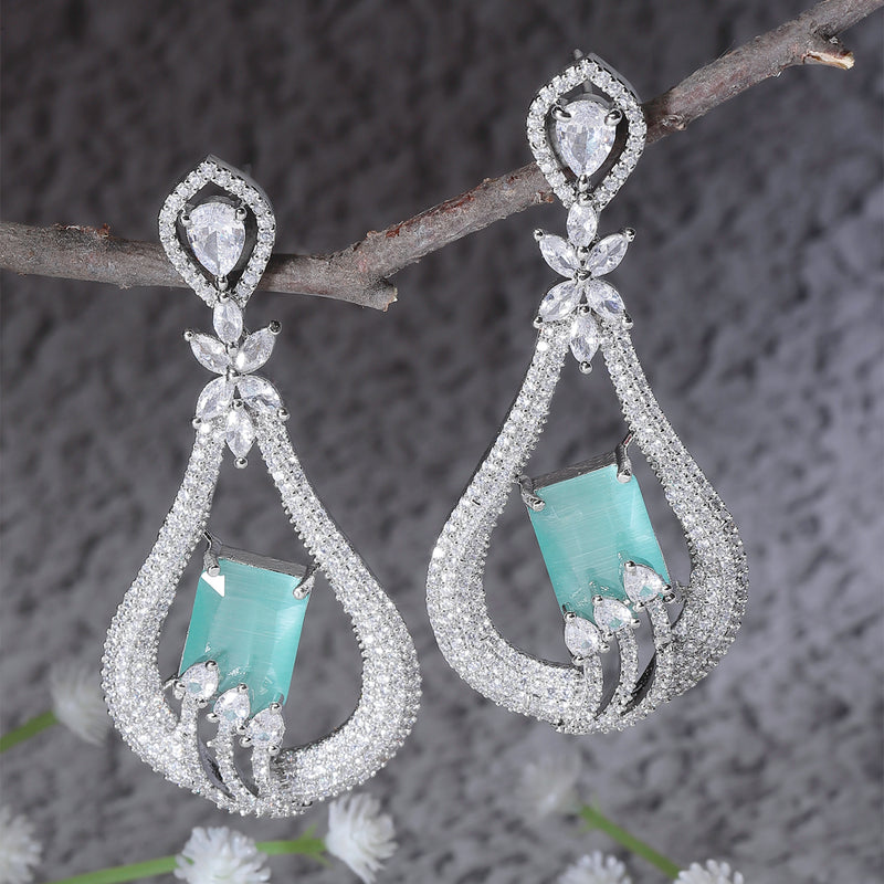 Rhodium-Plated Sea Green American Diamond studded Handcrafted Quirky Shaped Drop Earrings