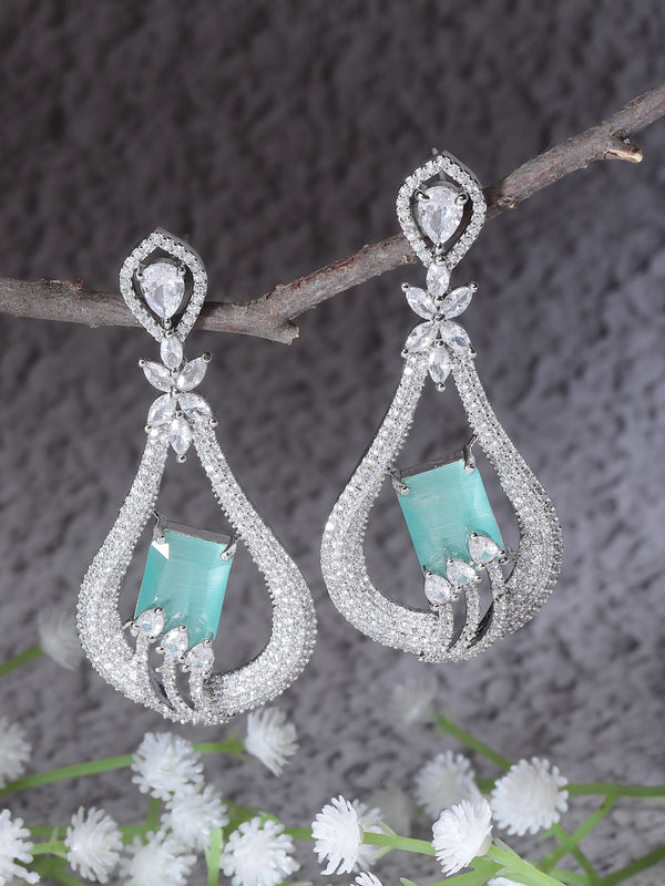 Rhodium-Plated Sea Green American Diamond studded Handcrafted Quirky Shaped Drop Earrings