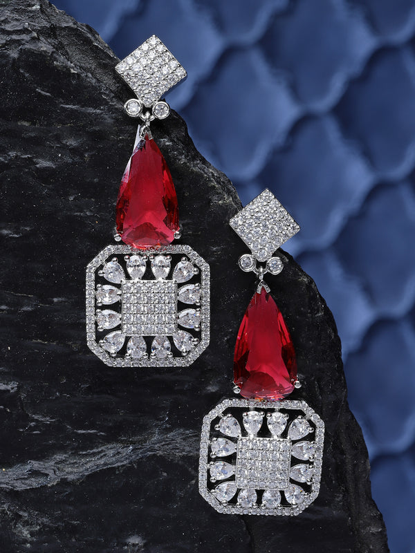Rhodium-Plated Red & White American Diamond studded Square & Teardrop Drop Earrings