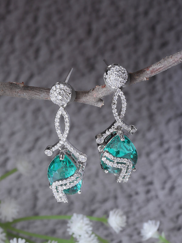 Rhodium-Plated Turquoise Blue & White American Diamond studded Trardrop Shaped Drop Earrings