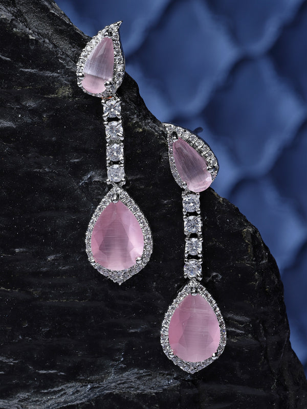 Rhodium-Plated Pink & White American Diamond studded Teardrop Shaped Classic Drop Earrings