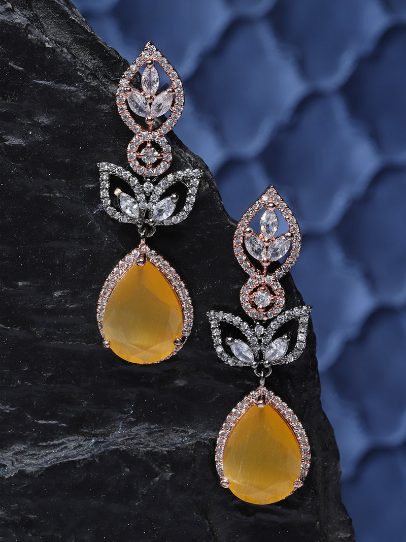 Rose Gold-Plated Gunmetal Toned Yellow American Diamond studded Teardrop & Leaf Shaped Drop Earrings