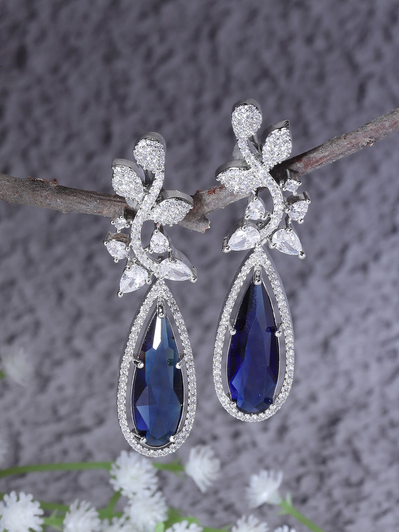 Rhodium-Plated Navy Blue American Diamond studded Teardrop & Leaf Shaped Drop Earrings