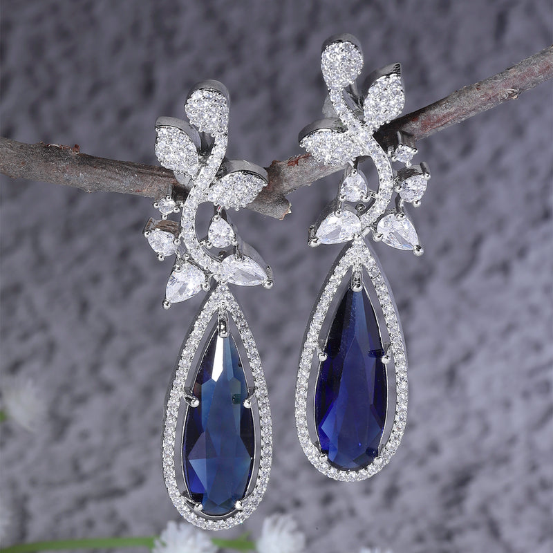 Rhodium-Plated Navy Blue American Diamond studded Teardrop & Leaf Shaped Drop Earrings