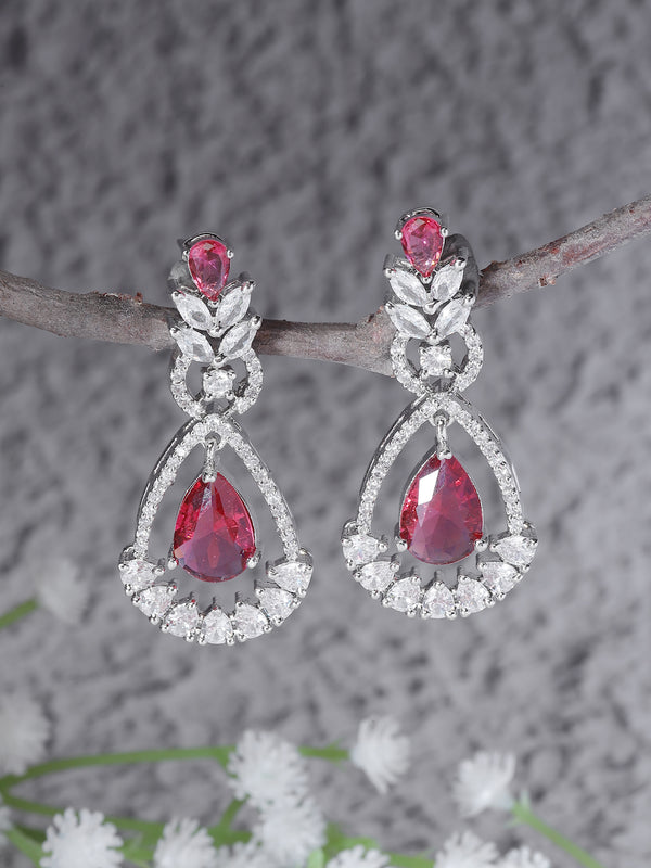 Rhodium-Plated Red American Diamond studded Teardrop & Leaf Shaped Drop Earrings