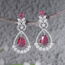 Rhodium Plated Teardrop & Leaf Red American Diamond Contemporary Long Drop Earrings