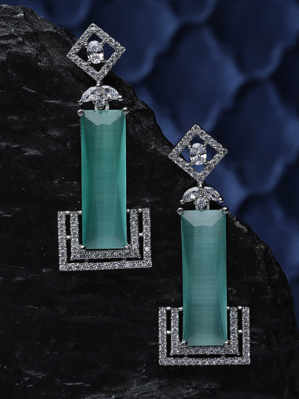 Rhodium-Plated Sea Green American Diamond studded Rectangular Shaped Drop Earrings