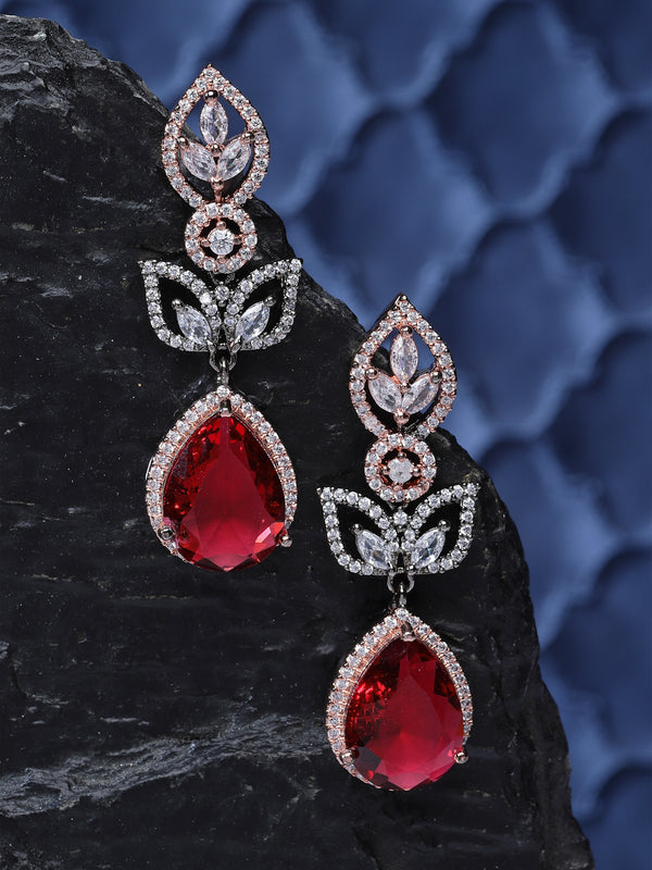 Rose Gold-Plated Gunmetal Toned Red American Diamond studded Teardrop & Leaf Shaped Drop Earrings