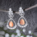 Rhodium Plated Teardrop & Leaf Orange American Diamond Contemporary Long Drop Earrings