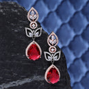 Rose Gold-Plated Gunmetal Toned Red American Diamond studded Teardrop & Leaf Shaped Drop Earrings