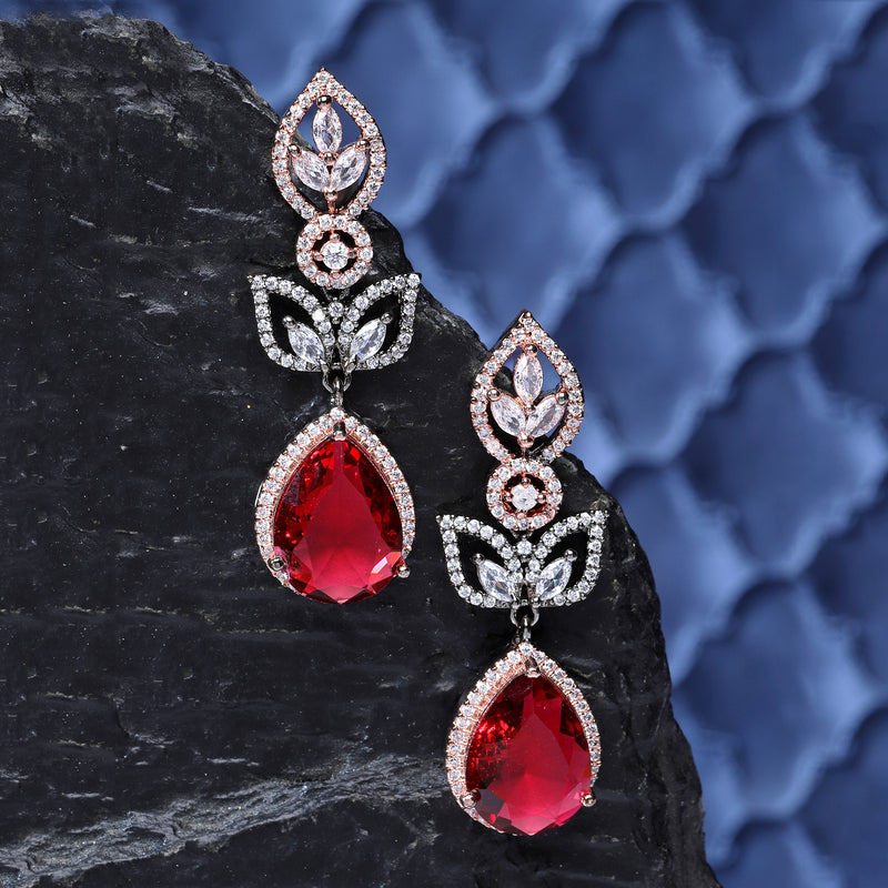 Rose Gold-Plated Gunmetal Toned Red American Diamond studded Teardrop & Leaf Shaped Drop Earrings