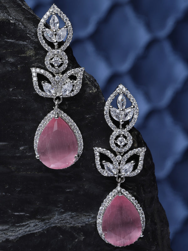 Rhodium-Plated Pink American Diamond studded Teardrop & Leaf Shaped Drop Earrings