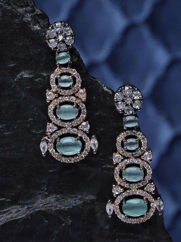 Rose Gold-Plated Gunmetal Toned Sea Green American Diamond studded Quirky Shaped Drop Earrings