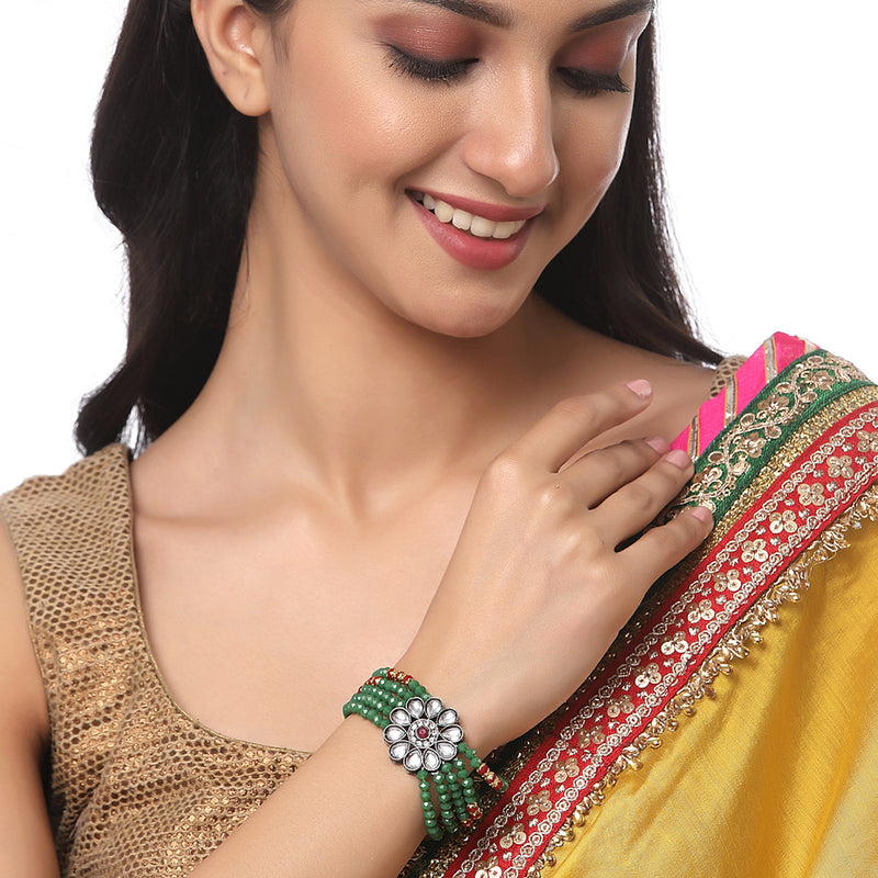 Gold-Plated Green & Red Kundan studded Multistrand Bracelet