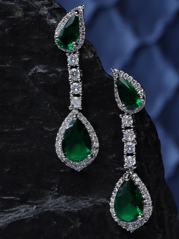 Rhodium-Plated Green & White American Diamond studded Teardrop Shaped Classic Drop Earrings