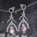 Rhodium Plated Quirky Pink AD Studded Contemporary Long Drop Earrings