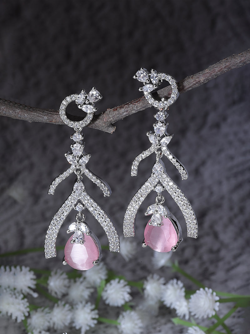 Rhodium-Plated Pink American Diamond studded Teardrop & Quirky Shaped Drop Earrings