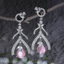 Rhodium-Plated Pink American Diamond studded Teardrop & Quirky Shaped Drop Earrings