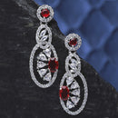 Rhodium-Plated Red American Diamond studded Oval & Quirky Shaped Drop Earrings