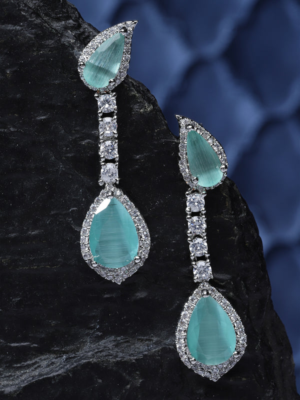 Rhodium-Plated Sea Green & White American Diamond studded Teardrop Shaped Classic Drop Earrings