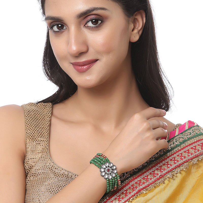 Gold-Plated Green & Red Kundan studded Multistrand Bracelet