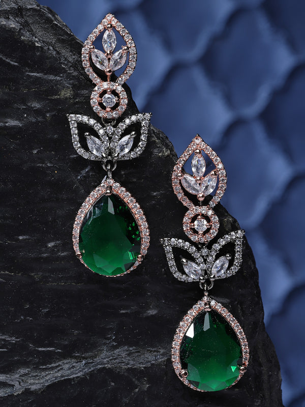 Rose Gold-Plated Gunmetal Toned Green American Diamond studded Teardrop & Leaf Shaped Drop Earrings