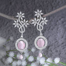 Rhodium-Plated Pink American Diamond studded Contemporary Drop Earrings