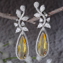 Rhodium Plated Leaf Yellow American Diamond Contemporary Long Drop Earrings
