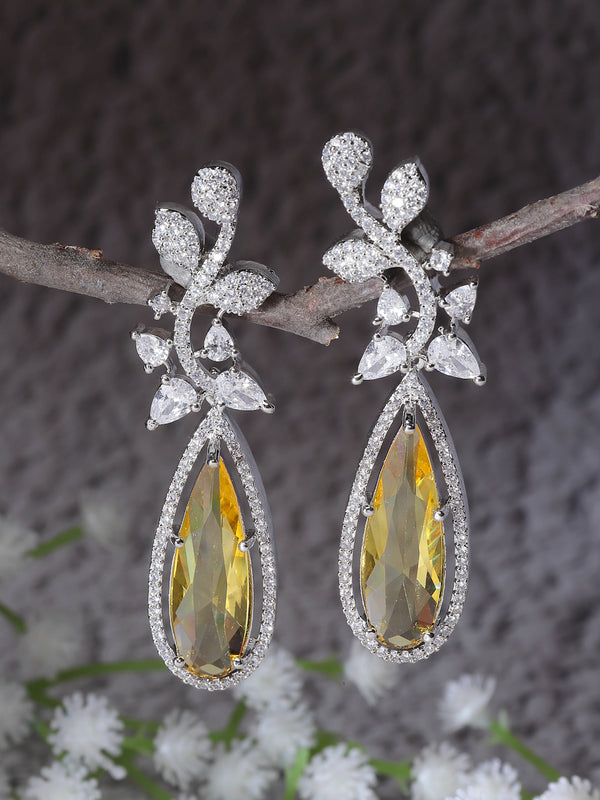 Rhodium-Plated Yellow American Diamond studded Teardrop & Leaf Shaped Drop Earrings