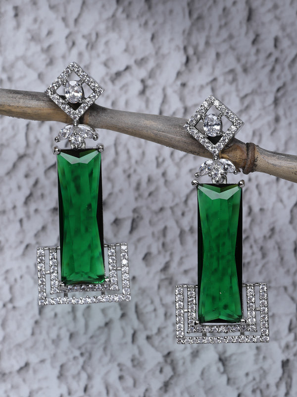 Rhodium-Plated Green American Diamond studded Rectangular Shaped Drop Earrings