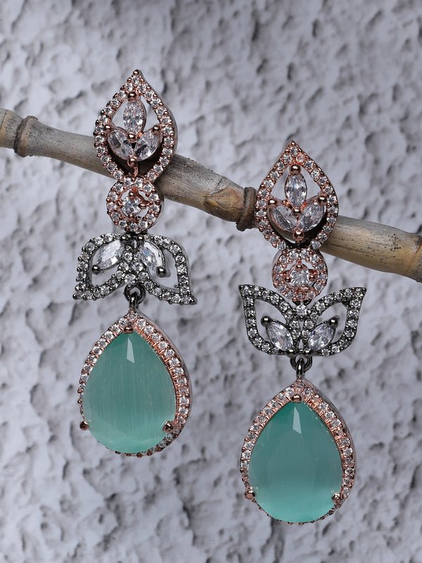 Rose Gold-Plated Gunmetal Toned Sea Green American Diamond Teardrop & Leaf Shaped Drop Earrings