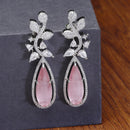 Rhodium-Plated Pink American Diamond studded Teardrop & Leaf Shaped Drop Earrings