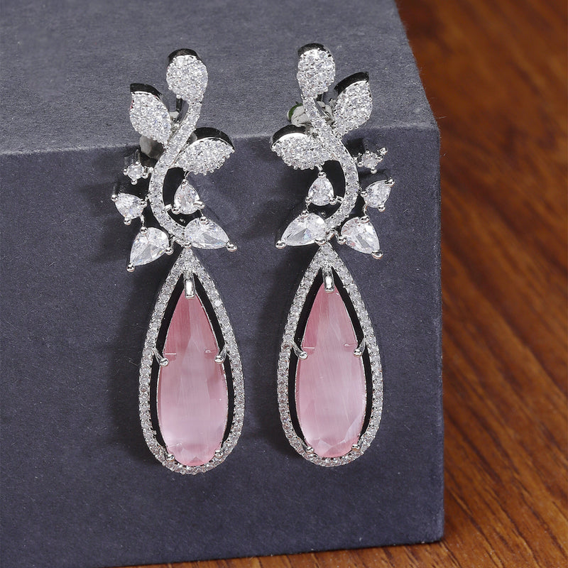 Rhodium-Plated Pink American Diamond studded Teardrop & Leaf Shaped Drop Earrings