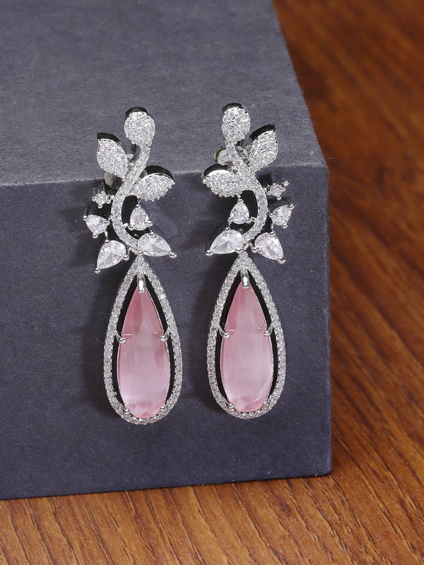 Rhodium-Plated Pink American Diamond studded Teardrop & Leaf Shaped Drop Earrings