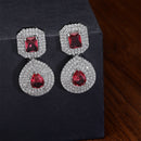 Rhodium-Plated Red & White American Diamond studded Square & Teardrop Shaped Drop Earrings