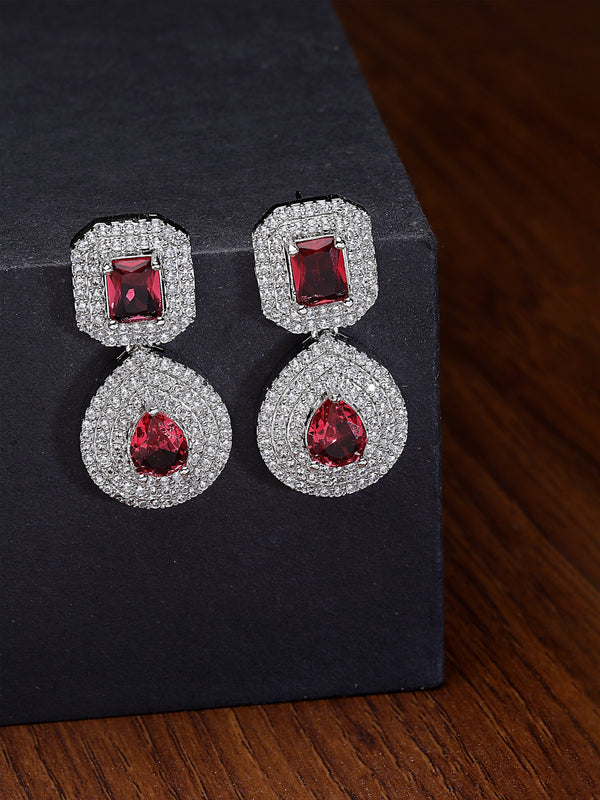 Rhodium-Plated Red & White American Diamond studded Square & Teardrop Shaped Drop Earrings