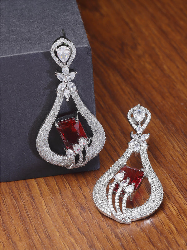 Rhodium-Plated Red American Diamond studded Handcrafted Quirky Shaped Drop Earrings