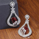 Rhodium Plated Quirky Red AD Stone Contemporary Long Drop Earrings