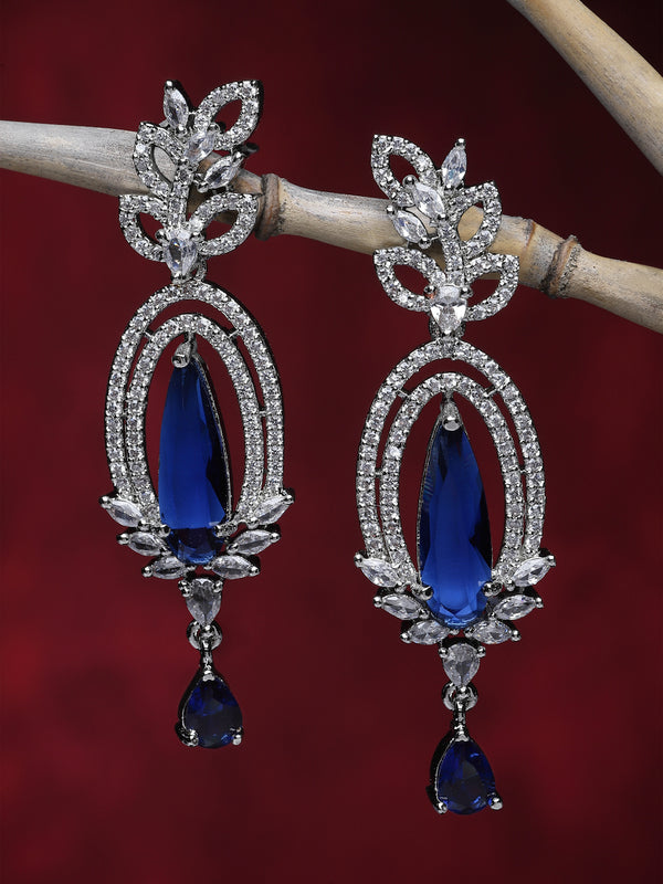 Rhodium-Plated Navy Blue & White American Diamond studded Handcrafted Teardrop Shaped Drop Earrings